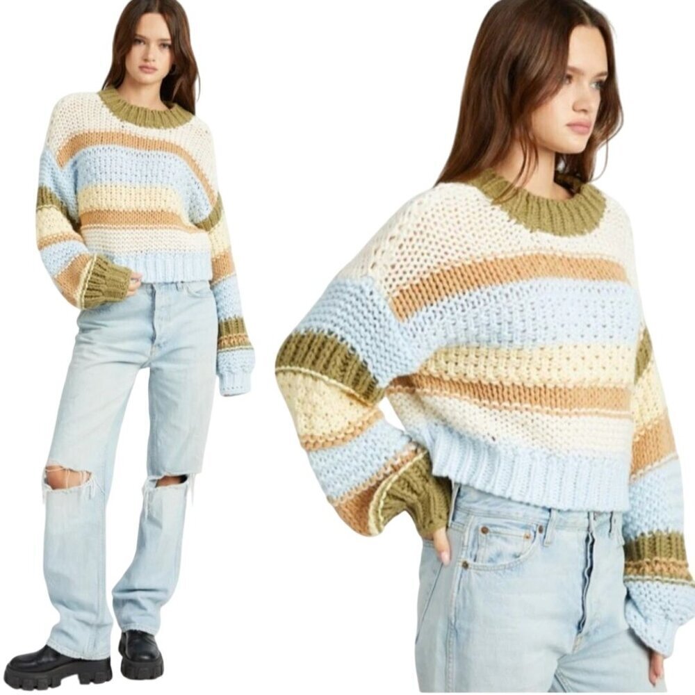 Altar'd State Hollis Chunky Knit Balloon Sleeve Sweater Oversized Crop Size XS